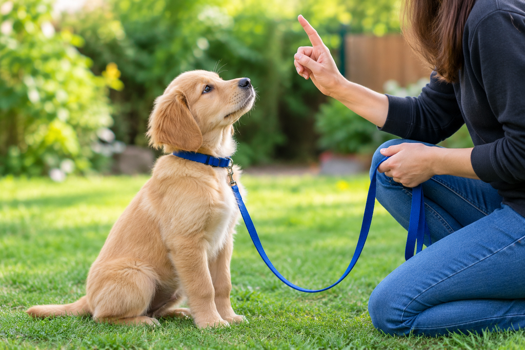 Golden Retriever puppy practicing Puppy obedience training with a trainer in a garden.