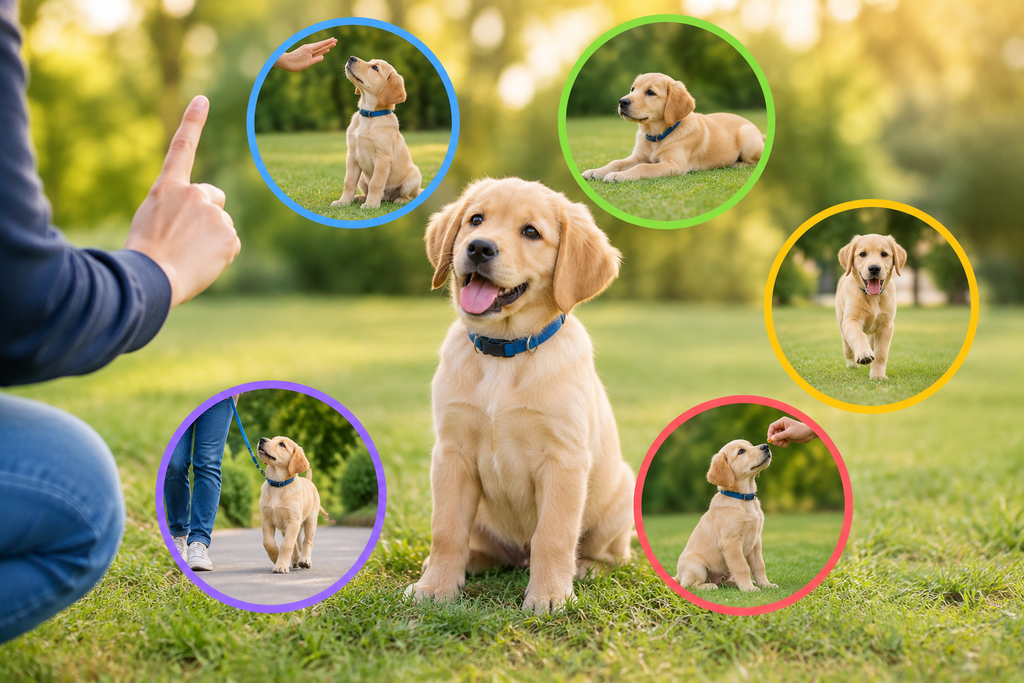 Golden Retriever puppy sitting outdoors surrounded by circular callouts demonstrating basic commands during a puppy obedience training session.