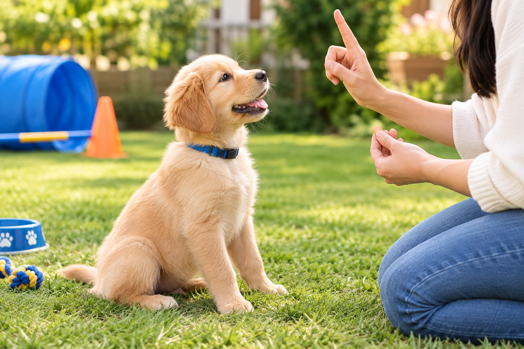 Golden Retriever puppy looking attentively at owner during a puppy obedience training session in a backyard.